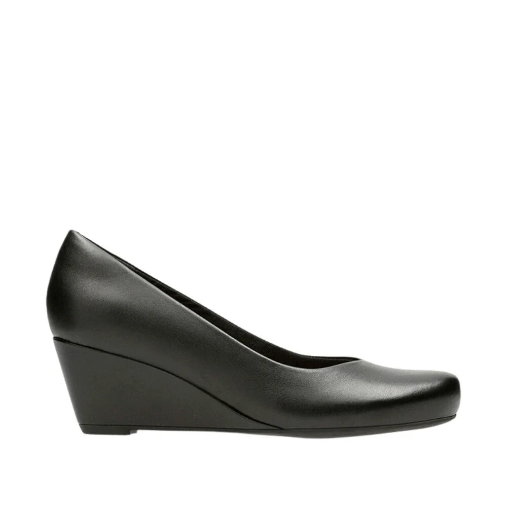 Clarks Flores Tulip 26130117 Pump Women's US 6 Black Leather Wedge Heel LION448